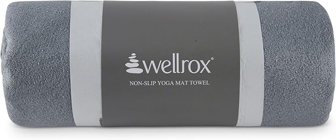 Wellrox Microfiber Yoga Mat Towel with Grip – Ultra Absorbent, Super Soft, and Quick Dry Hot Yoga Towel Non Slip for Pilates, Bikram, and Fitness Workouts (74” x 26”, Grey)