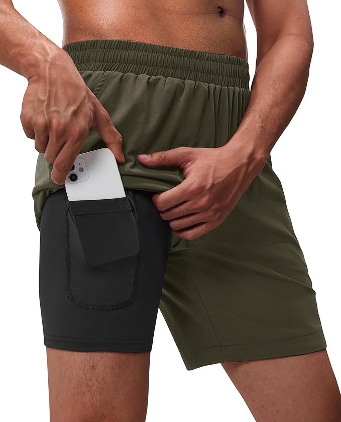 Running Shorts for Men 7 inch Inseam 2 in 1 Quick Dry Athletic Gym Workout Tennis Shorts with Phone Pockets