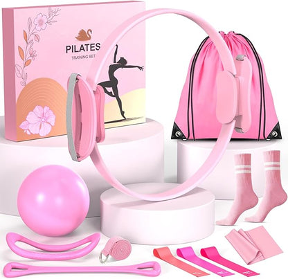 Pilates Equipment Set for Women, Pilates Ring and Ball Set, At Home Pilates Workout Equipment with 15" Magic Circle Ring and Resistance Bands, A Must-Have for Beginners and Seasoned Yogis