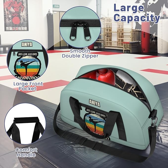 Custom Name Taekwondo Karate Duffle Bag for kids Girls - Personalized Martial Arts Gear Bag, Water-Resistant Sparring Equipment Bag, Taekwondo Cyan