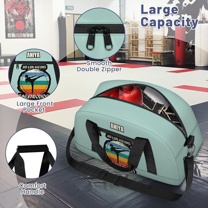 Custom Name Taekwondo Karate Duffle Bag for kids Girls - Personalized Martial Arts Gear Bag, Water-Resistant Sparring Equipment Bag, Taekwondo Cyan