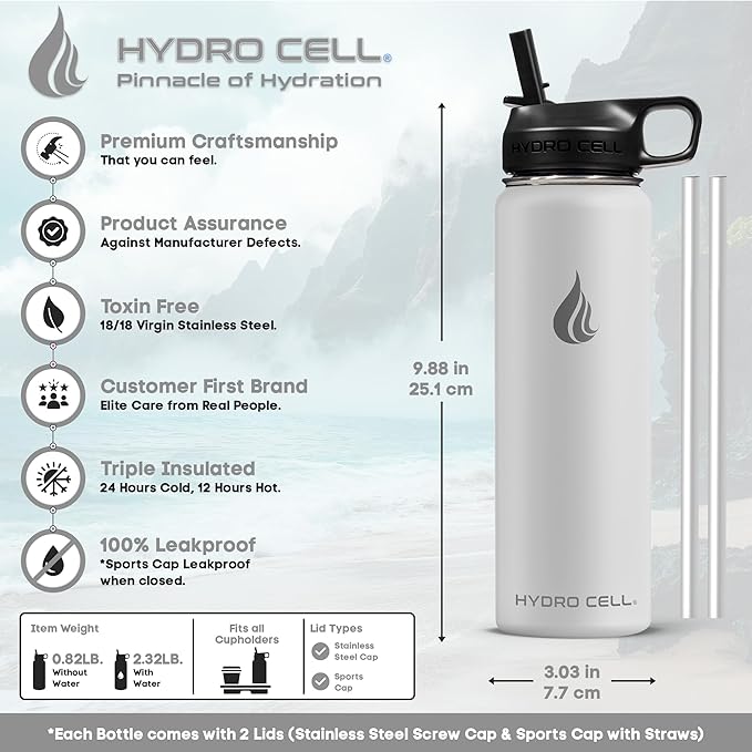HYDRO CELL Stainless Steel Insulated Water Bottle with Straw - For Cold & Hot Drinks - Metal Vacuum Flask with Screw Cap and Modern Leakproof Sport Thermos for Adults (Frost 24oz)