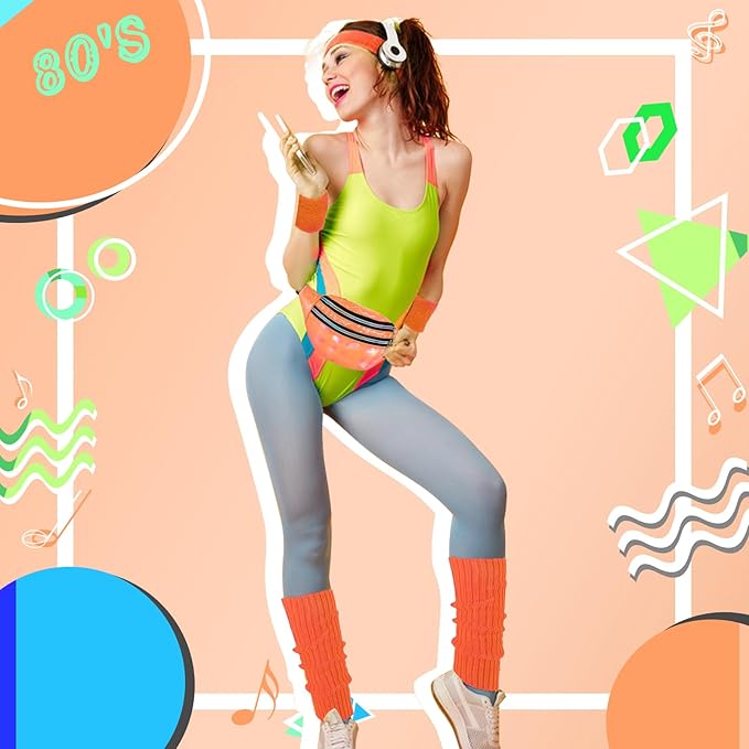 80s Neon Workout Costume Accessories Set 10 PCS Leg Warmers for Women 80s Headband Wristband Fanny Pack for Yoga Running