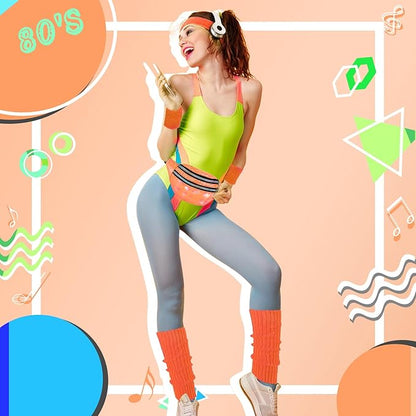 80s Neon Workout Costume Accessories Set 10 PCS Leg Warmers for Women 80s Headband Wristband Fanny Pack for Yoga Running