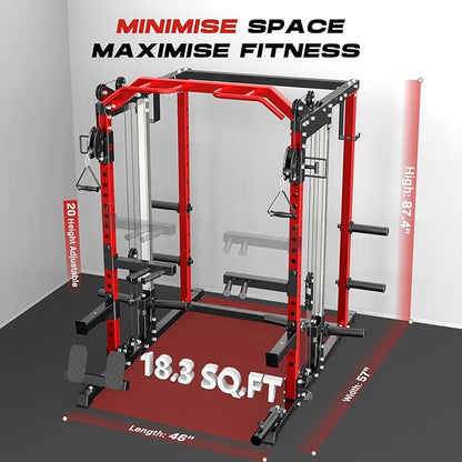 Power Cage Home Gym, Dual Pulley Cable Crossover System, All-in-One Squat Power Rack with Strength Training Attachments for Full-Body Workouts
