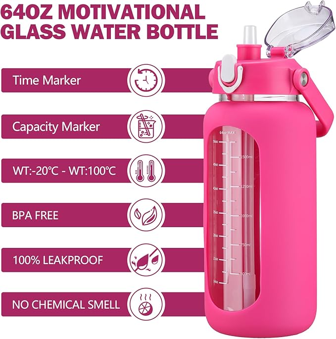 kytffu 64oz Glass Water Bottles with Straw, Half Gallon Motivational Glass Bottle with Silicone Sleeve and Time Marker, 2L Leakproof Large Glass Water Jug for Gym Home Office, Rose Red
