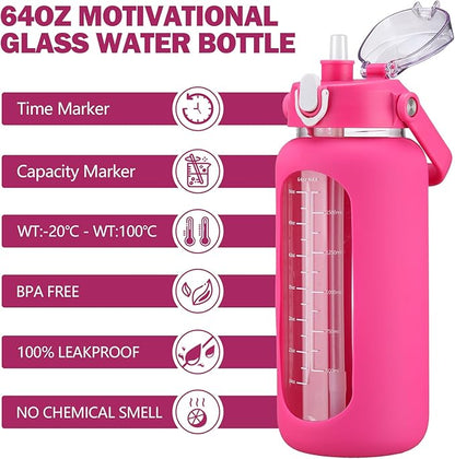 kytffu 64oz Glass Water Bottles with Straw, Half Gallon Motivational Glass Bottle with Silicone Sleeve and Time Marker, 2L Leakproof Large Glass Water Jug for Gym Home Office, Rose Red