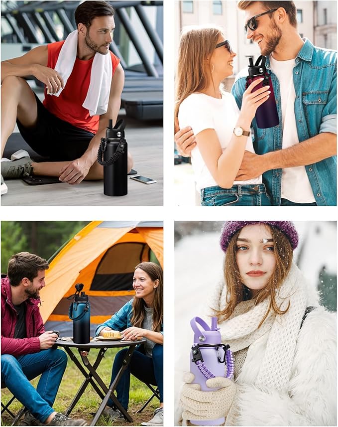 BENZZO 32 oz Insulated Water Bottle with Straw - Pop-up Spout Lid, Paracord Handle, Carrier Bag with Strap, Leak Proof Stainless Steel Water Bottle 32oz, Cold Flask Jug for Traveling Hiking