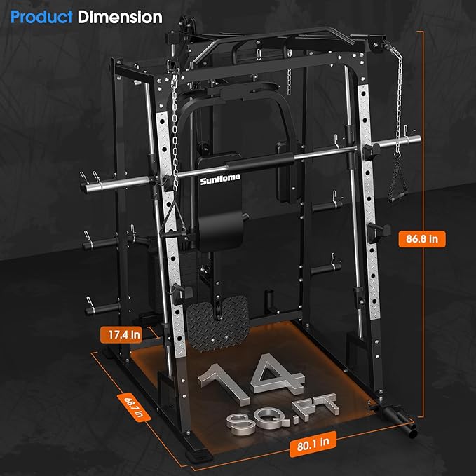 SunHome Smith Machine, Power Cage Squat Rack with Smith Bar, LAT Pull-Down Systems, Cable Crossover Machine and Cable Attachment for Home Gym