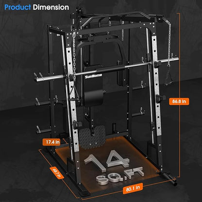 SunHome Smith Machine, Power Cage Squat Rack with Smith Bar, LAT Pull-Down Systems, Cable Crossover Machine and Cable Attachment for Home Gym