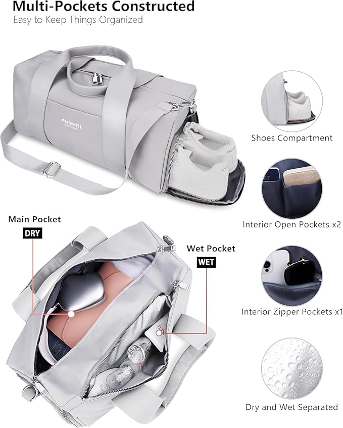 Sports Small Gym Bag for Women and Men, Cute Mini Duffle Bag with Wet Pocket & Shoes Compartment, Personal Item Travel Workout Bag, 16"-Small, Grey