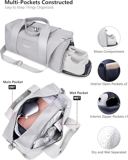 Sports Small Gym Bag for Women and Men, Cute Mini Duffle Bag with Wet Pocket & Shoes Compartment, Personal Item Travel Workout Bag, 16"-Small, Grey