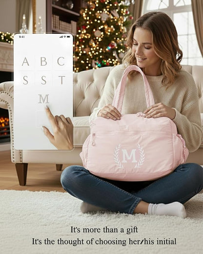 Christmas Gift for Women, Kid & Friend, Initial Girls Duffle Bag, Monogrammed Personalized Overnight Weekender, Birthday Gifts for Teen, Mom, Daughter, Grandmother, Dad (Pink, M)