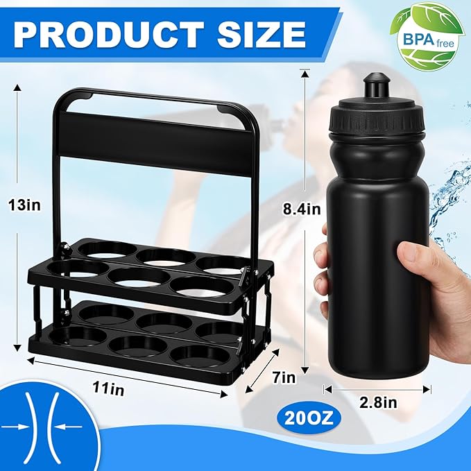 Suclain 7 Pcs Water Bottle Carrier with 20 Oz Bottles and Stickers Plastic Wide Mouth Sports Water Bottle Squeeze Team Bottles with Black Lid for Fitness Bike Gym (Black)