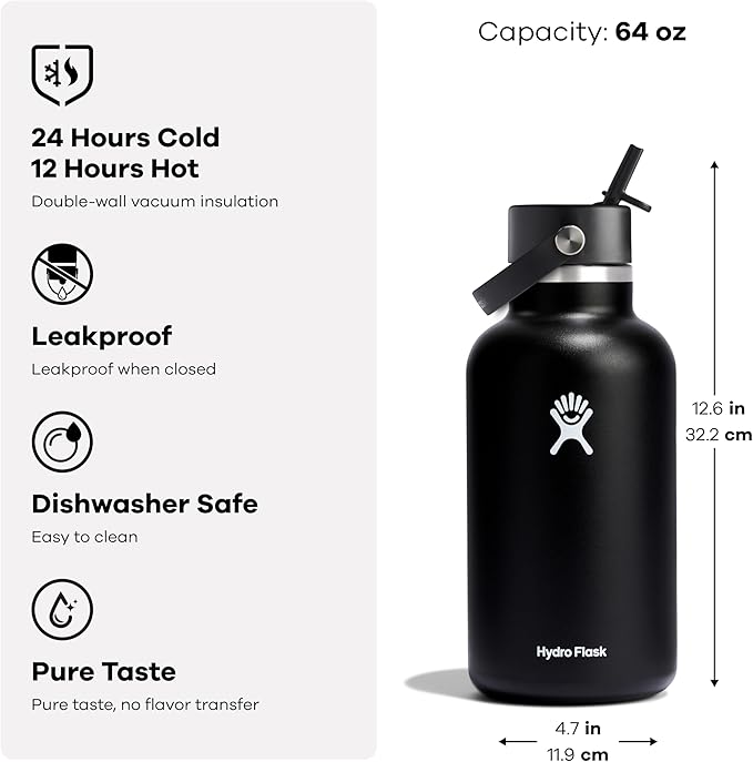 Hydro Flask Water Bottle - Insulated Stainless Steel - Wide Mouth Flex Straw Lid, Non Spill, Leakproof and Refillable in 64 Oz Black