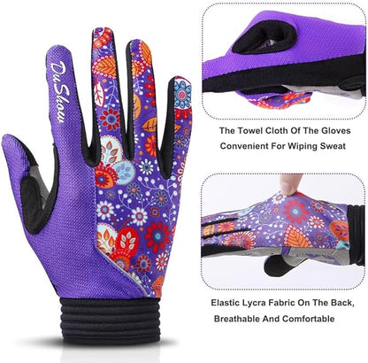 DuShow Bike Gloves for Women Cycling,Pink Floral Workout Gloves Women,Full Finger Biking Driving Riding Gloves for Women,Gel Padded Touch Screen Gym Gloves
