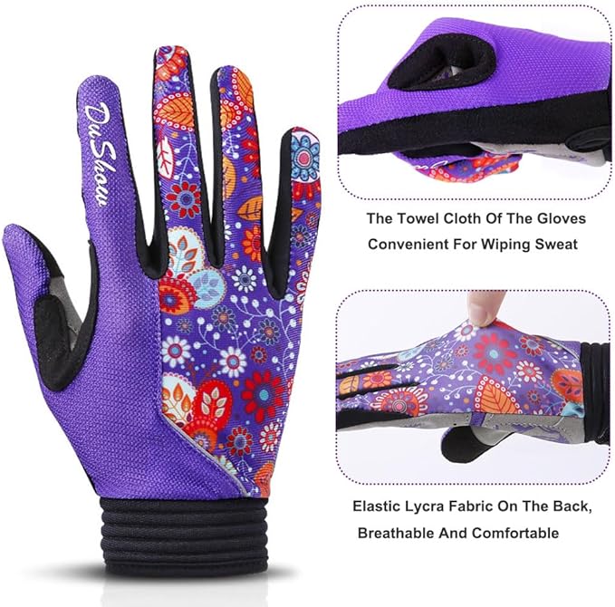 DuShow Bike Gloves for Women Cycling,Pink Floral Workout Gloves Women,Full Finger Biking Driving Riding Gloves for Women,Gel Padded Touch Screen Gym Gloves
