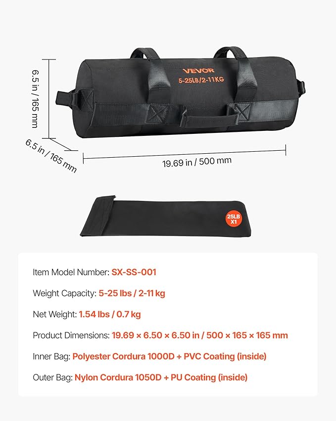 VEVOR Workout Sandbag, Heavy Duty Workout Power Bags with Handles, Slam Bag for Fitness Strength Weight Training Cross-Training, Home Gym Exercise, Black (Unfilled)