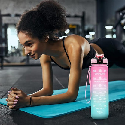 32 oz Motivational Water Bottle with Time Marker,Water Bottles with Times to Drink and Straw with Carrying Strap,Perfect For Fitness Gym Outdoor,BPA Free (Pink & Blue Gradient)