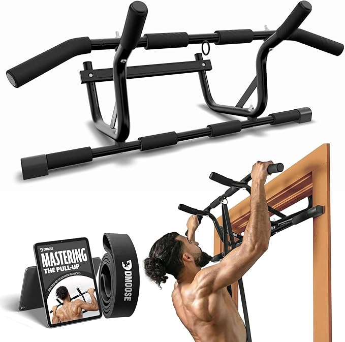 DMoose Fitness Pull Up Bar for Doorway - Upto 250 Lbs Capacity, No Screwing or Slipping, Hanging Pullup & Chin Up Bar for Door Frame - Multi Padded Grips for Strength Training with Installation Guide