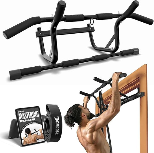 DMoose Fitness Pull Up Bar for Doorway - Upto 250 Lbs Capacity, No Screwing or Slipping, Hanging Pullup & Chin Up Bar for Door Frame - Multi Padded Grips for Strength Training with Installation Guide
