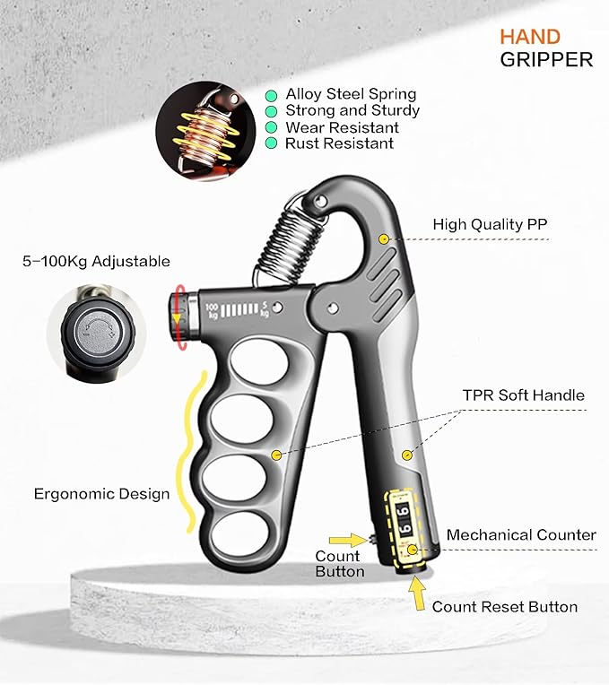 Grip Strength Trainer with Automatic Counter, Hand Gripper Strengthener, 11-220 lbs (5-100 kg) Adjustable Forearm Exerciser, Suitable for Athletes Musicians and Hand Rehabilitation Trainers