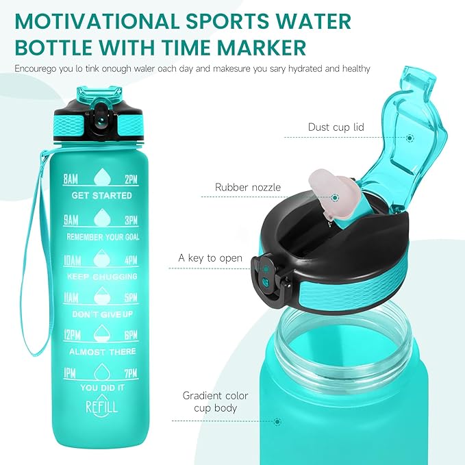 32 oz Water Bottles with Times to Drink and Straw, Motivational Water Bottle with Time Marker, Leakproof, BPA Free, Drinking Sports Water Bottle WIth Hand Strap for Fitness, Gym,Outdoor (green-1)