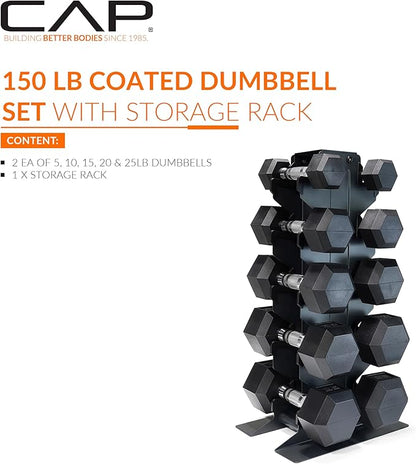 CAP Barbell Rubber Coated Hex Dumbbell Set with Vertical Rack | 100-300 lbs Free Weights Dumbbells Set for Home Gym | Multiple Options