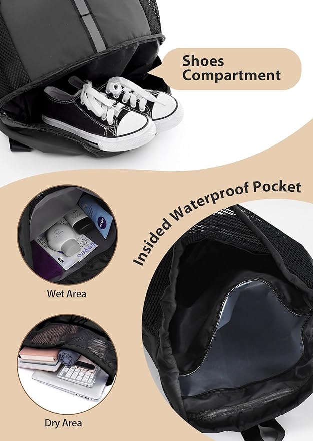 U.helper Waterproof Gym Drawstring Backpack, Sports Sack with Shoes Compartment & Wet Pockets for Ball/Beach/Swim Training