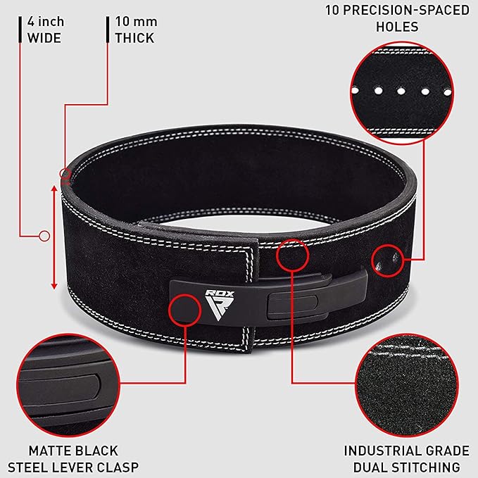 RDX Weight Lifting Belt Powerlifting, Approved By IPL and USPA, 10mm Thick 4" Leather Lumbar Back Support, Lever Buckle Gym Strength Training Equipment, Bodybuilding Deadlifts Squats Workout Men Women