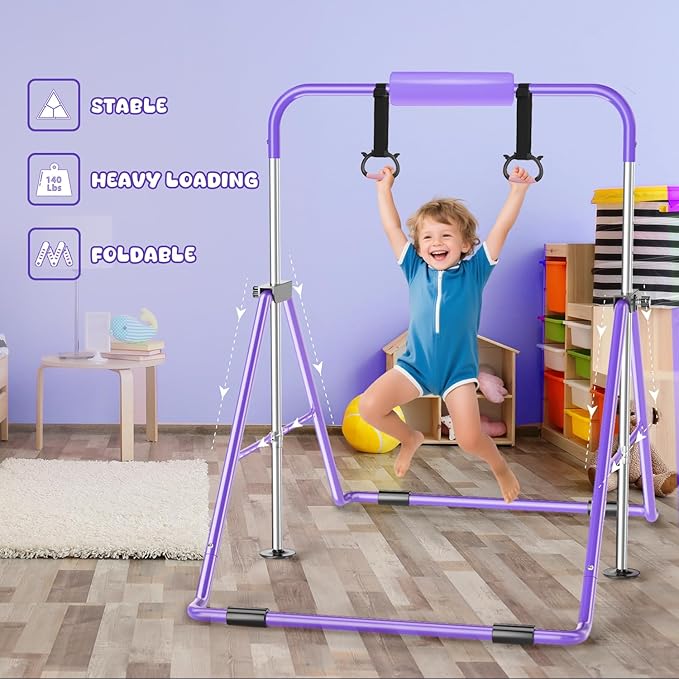 Safly Fun Foldable Gymnastics Bar for Kids, Adjustable 35"-51", Sturdy 145 lbs Capacity, Easy-to-Assemble, Gymnastics Equipment for Kids for Indoor/Outdoor Training