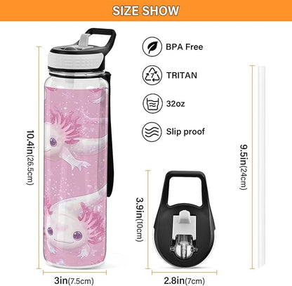 Burbuja Kawaii Axolotl 32 oz Water Bottle with Straw Lid, Leakproof & BPA Free Tritan Bottle for Gym Fitness Outdoor Sports