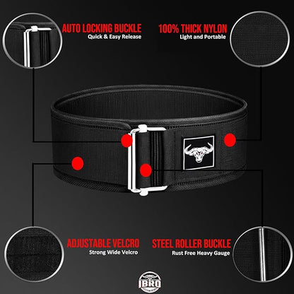 IBRO Quick Locking Premium Weight Lifting Belt - Back Support for Powerlifting, Cross Training & Gym Bodybuilding - 4 Inch Nylon Men and Women with Metal Buckle for Core Stability