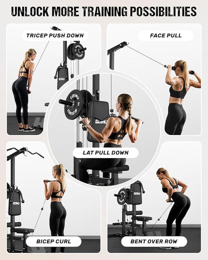 LS01 LAT Pulldown Machine, LAT Row Cable Machine with AB Crunch, LAT Tower with Cable Row Attachments, 3 in 1 Pulley Stations for Home Gym