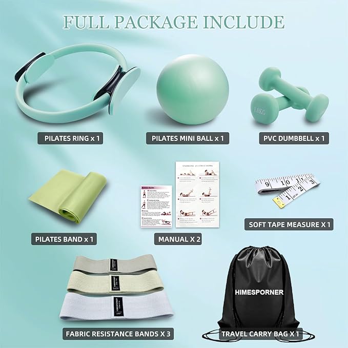 Pilates Equipment Kit for Home Workout, Pilates Ring and Ball Set with 2.2lb *2 Dumbbells, Fabric Resistance Bands, Tape Measure, Bag, Pilates Essentials Accessories for Women Yoga