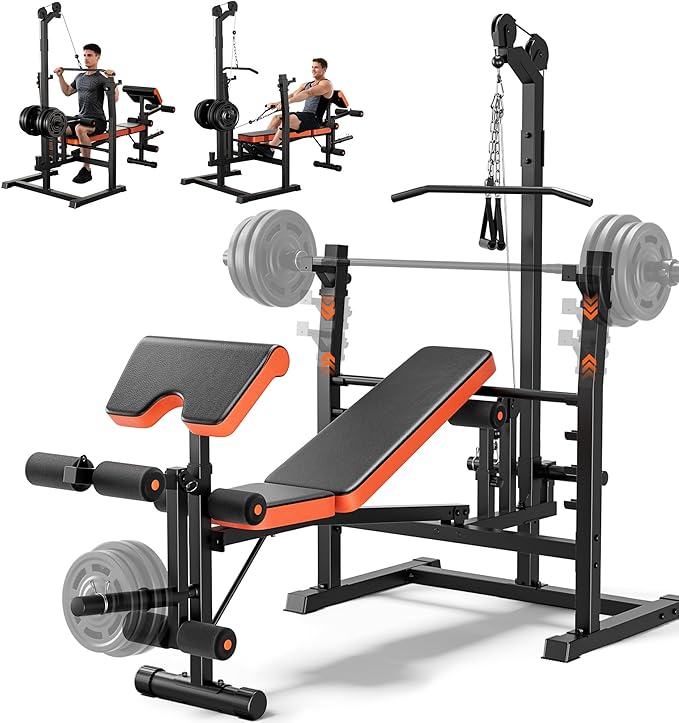Fostoy 9-in-1 Adjustable Olympic Weight Bench with Lat Pulldown, Row, Squat Rack & Leg Curl – Multi-Function Strength Training Bench Press for Home Gym Full Body Workout