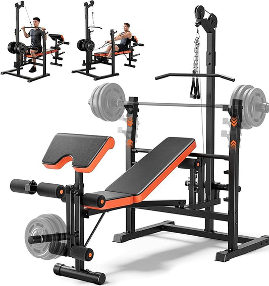 Fostoy 9-in-1 Adjustable Olympic Weight Bench with Lat Pulldown, Row, Squat Rack & Leg Curl – Multi-Function Strength Training Bench Press for Home Gym Full Body Workout