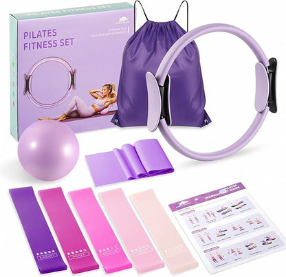 Rhino Valley Home Pilates Kit for Women, Pilates Equipment with 13'' Magic Circle, Mini Ball, 5 Resistance Bands, Bag & Guides, Beginner Home Workout Essentials Set for Full-Body Exercise
