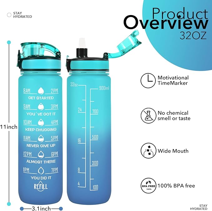 32 oz Water Bottles with Straw & Strap, Motivational Water Bottles with Times to Drink, BPA Free Reusable Sports Water Bottle with Sleeve Carrier for Hiking, Travel, Running or Fitness