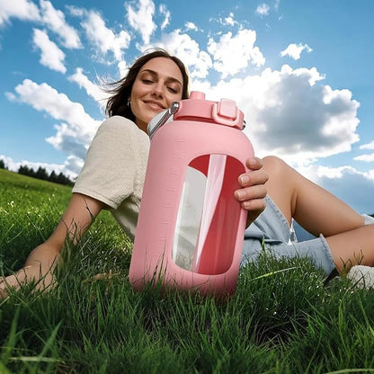 Large Glass Water Bottles with Stainless Steel Handle,100 oz Gallon Drinking Bottle with 2-in-1 Straw Lid,3 Liter Glass Water Jug with Silicone Sleeve,Wide Mouth,Pink