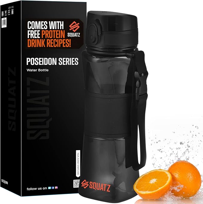 SQUATZ 24 Oz Poseidon Series Water Bottle with Shaker Ball - Premium Quality Wide Mouth Gym Flask w/Fruit Infuser Strainer, Fixed Buckle Carrying Strap, Zero Condensation Sleeve, Black