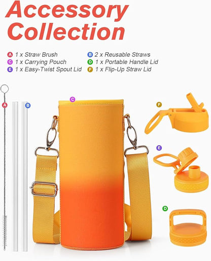 Water Bottle 40 oz Insulated with Straw&Brush, Coolflask Vaccum Stainless Steel Metal 3 Lids Water Flask for Sports, Gym or Office, Keep Cold 48H Hot 24H, Ombre Yellow/Orange