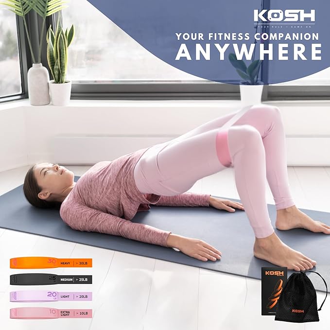 Kosh Resistance Exercise Bands – Set of 4 Natural Latex Loop Bands for Workout, Stretching, Physical Therapy – Includes Mesh Carry Bag