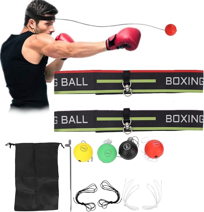 Adjustable Set 4 Balls + 2 Headbands for Boxing Training, Hand-Eye Coordination, Speed & Reflex Improvement, Novice Friendly