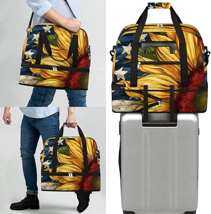 cfpolar Woman Travel Duffel Bag Sunflower American Flag Foldable Tote Carry On Luggage Sports Gym Bag With Shoe Compartment Overnight Weekend Yoga Workout Bag Training Handbag