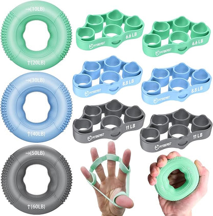 FitBeast Grip Strength Trainer, Finger Exerciser, Forearm Strengthener 9-Piece Kit, Hand Grip Strengthener Targeted Strength, Relief & Recovery