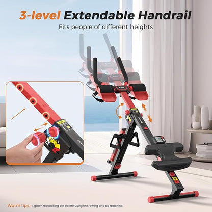 Ab Machine and Rowing Machine, 4 in 1 Rowing Machines for Home with 3 Levels of Workout Resistance, Quiet & Foldable Rower Machine with 3 Adjustable Handle Heights & LCD Monitor, Row Machine for Home