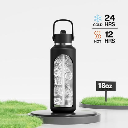 POWCAN 18oz Stainless Steel Slim Water Bottle: Sweatproof, Flex Cap, Lightweight, Standard Mouth, Top Handle, Vacuum Insulated Flask with straw for Office, Adults, Commute, Workouts (Midnight Black)