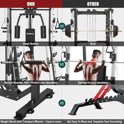 SunHome Smith Machine, Power Cage Squat Rack with Smith Bar, LAT Pull-Down Systems, Cable Crossover Machine and Cable Attachment for Home Gym