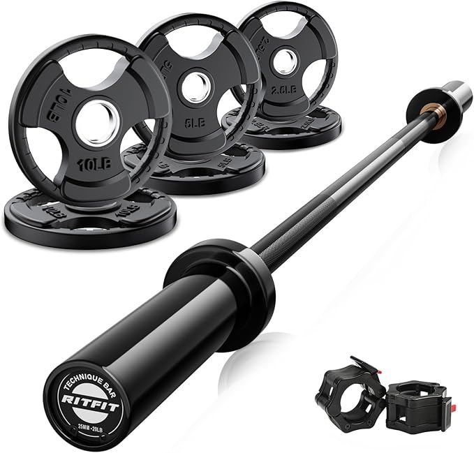 RitFit Barbell Weight Set - 4/6FT Olympic Barbell with Weight Plates (55-115LB Total) - Weightlifting Equipment for Squats, Curls, Deadlifts, Presses, Hip Thrusts